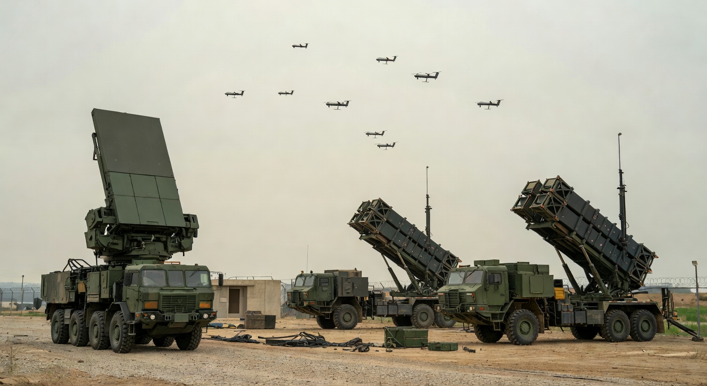 Luftforsvarssystem med radar og missilenheter på militær base mot himmel med droner