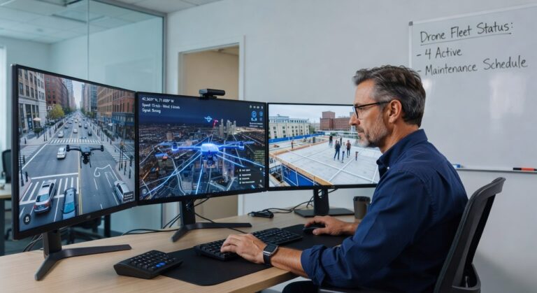 Droneoperatør ved kommandosenter med flere skjermer som viser live dronefeeds og kartdata.