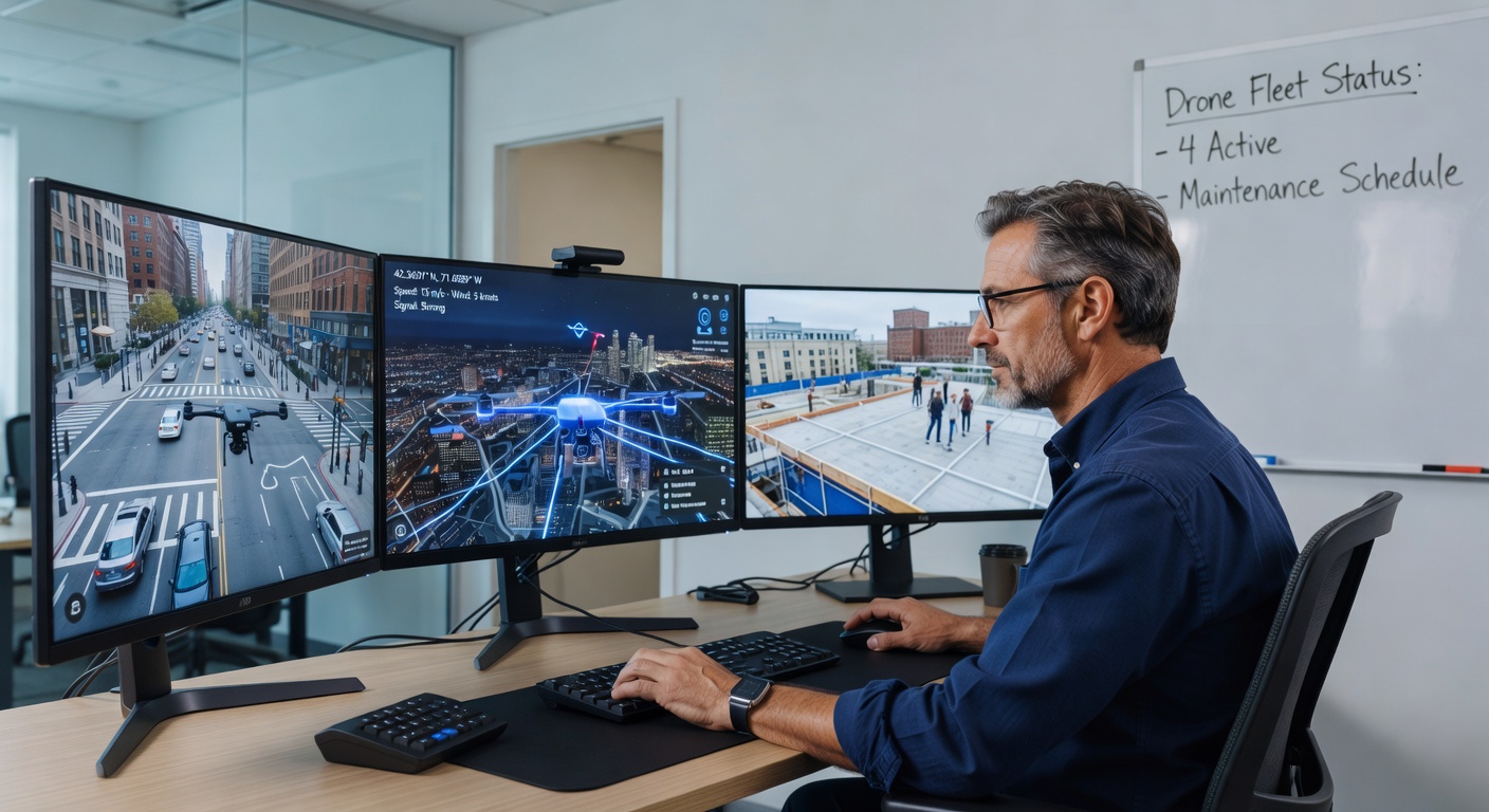 Droneoperatør ved kommandosenter med flere skjermer som viser live dronefeeds og kartdata.