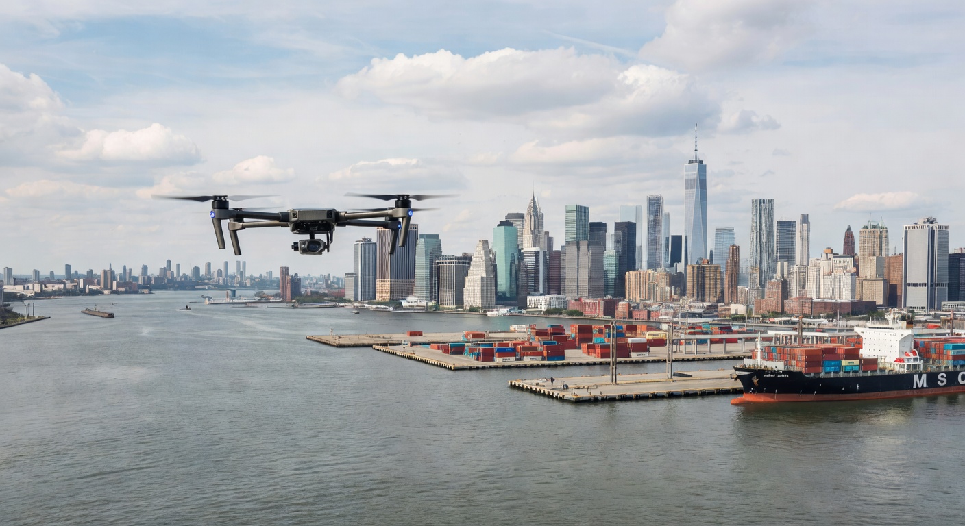 Speedbird Aero DLV-2 multirotor drone flyr over East River med Manhattan skyline i bakgrunnen