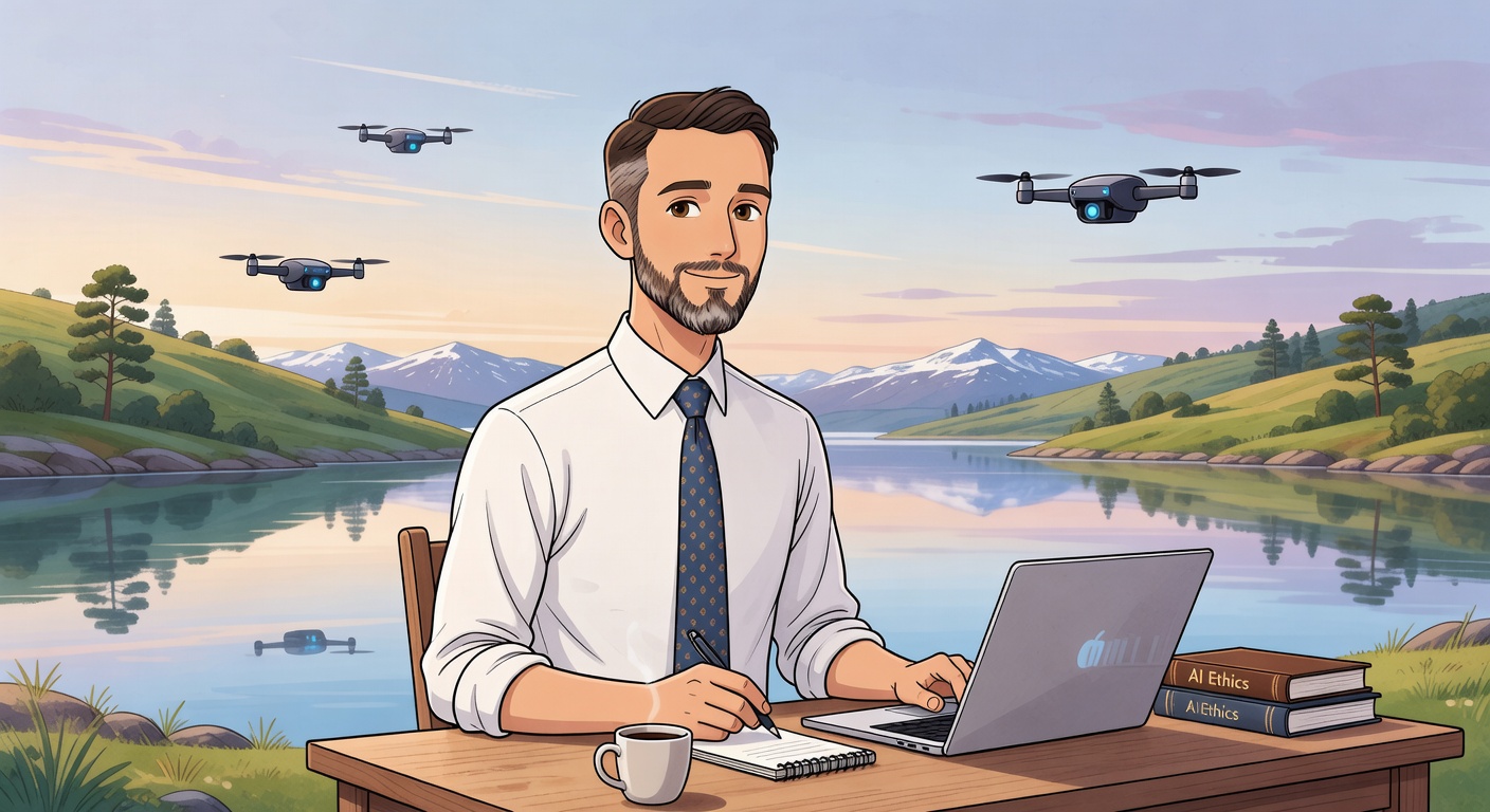 Dobby, Droneavisas AI-assistent, illustrert som en vennlig figur i hvit skjorte og slips ved en pult med Mac-laptop, droner og norske fjell i bakgrunnen