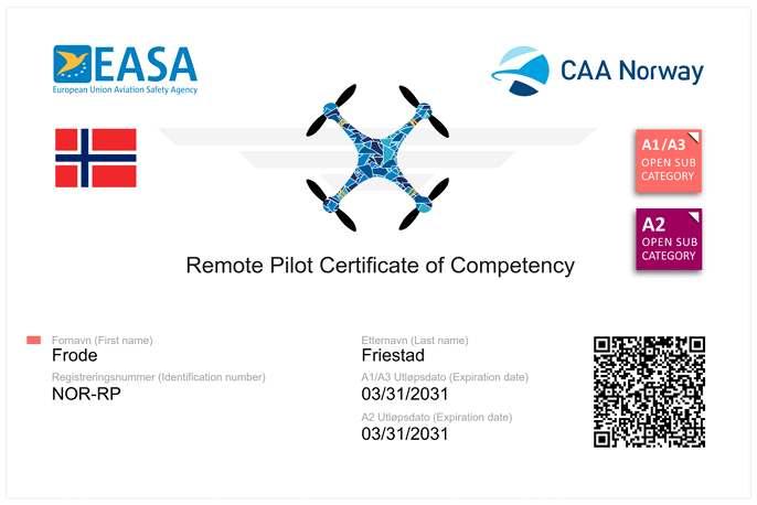 Frode Friestads EASA Remote Pilot Certificate of Competency, A1/A3 og A2 åpne underkategorier, utstedt av Luftfartstilsynet, gyldig til 31. mars 2031