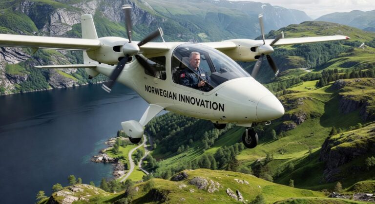 Elektrisk fly i lav høyde over norsk kystlandskap med fjorder og grønne åser.