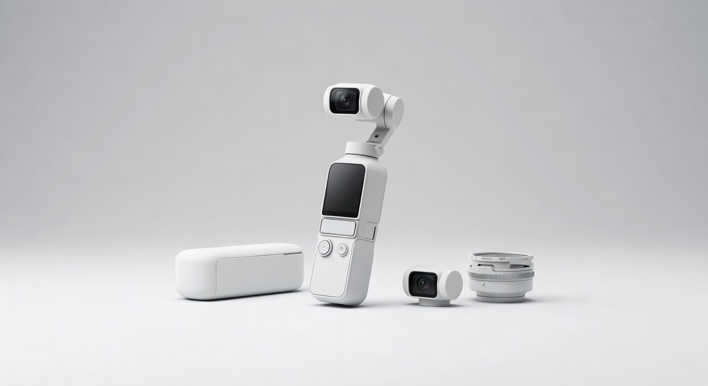 DJI Osmo Pocket 4P gimbal med to kameramoduler, inkludert 1-tommers sensor og teleobjektiv.