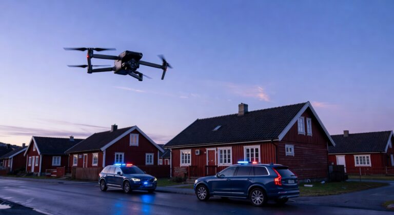Skydio X10-drone i luften over boligområde om kvelden, med politibiler synlig i bakgrunnen.