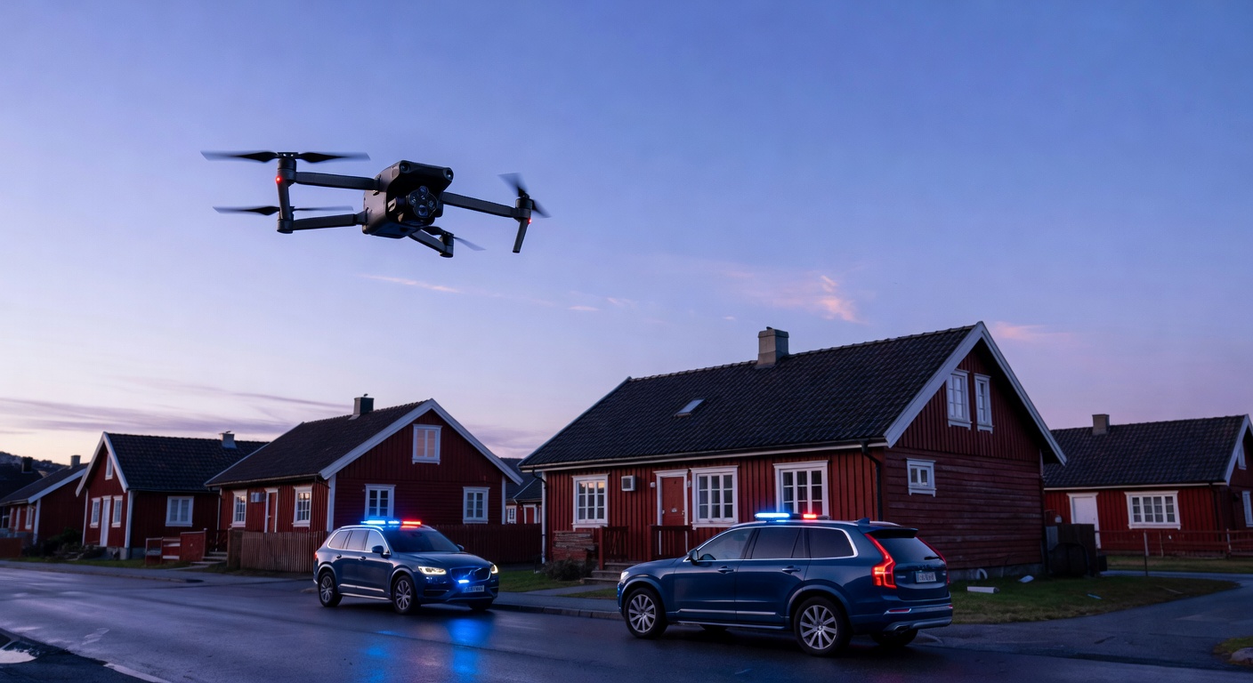 Skydio X10-drone i luften over boligområde om kvelden, med politibiler synlig i bakgrunnen.