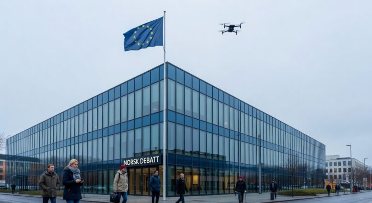 EU-flagg foran Europaparlamentets bygning i Brussel, med blå himmel i bakgrunnen.