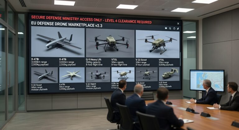 Skjermbilde av BASE-plattformens grensesnitt med dronekategorier og leverandøroversikt.