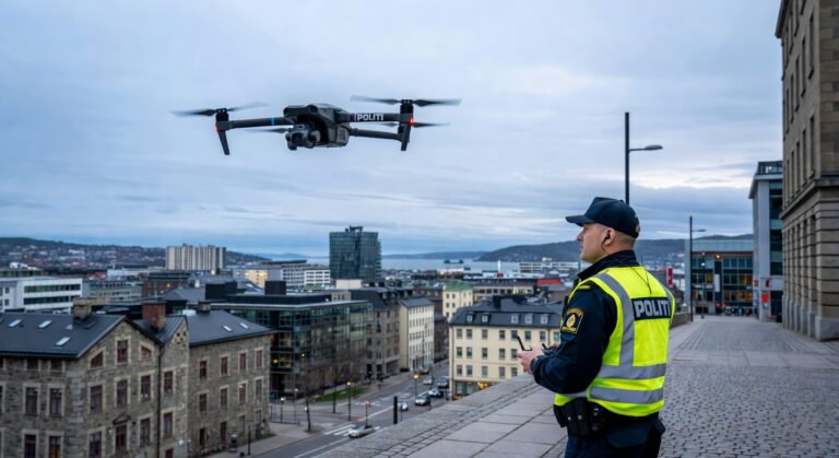 DJI Matrice 4T drone i luften over bymiljø, termisk kamera synlig under rammen.
