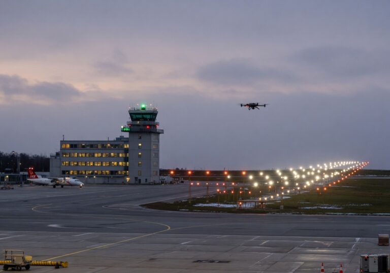 Norsk lufthavn i skumring med kontrolltårn og en liten drone i det fjerne (AI-generert illustrasjon)