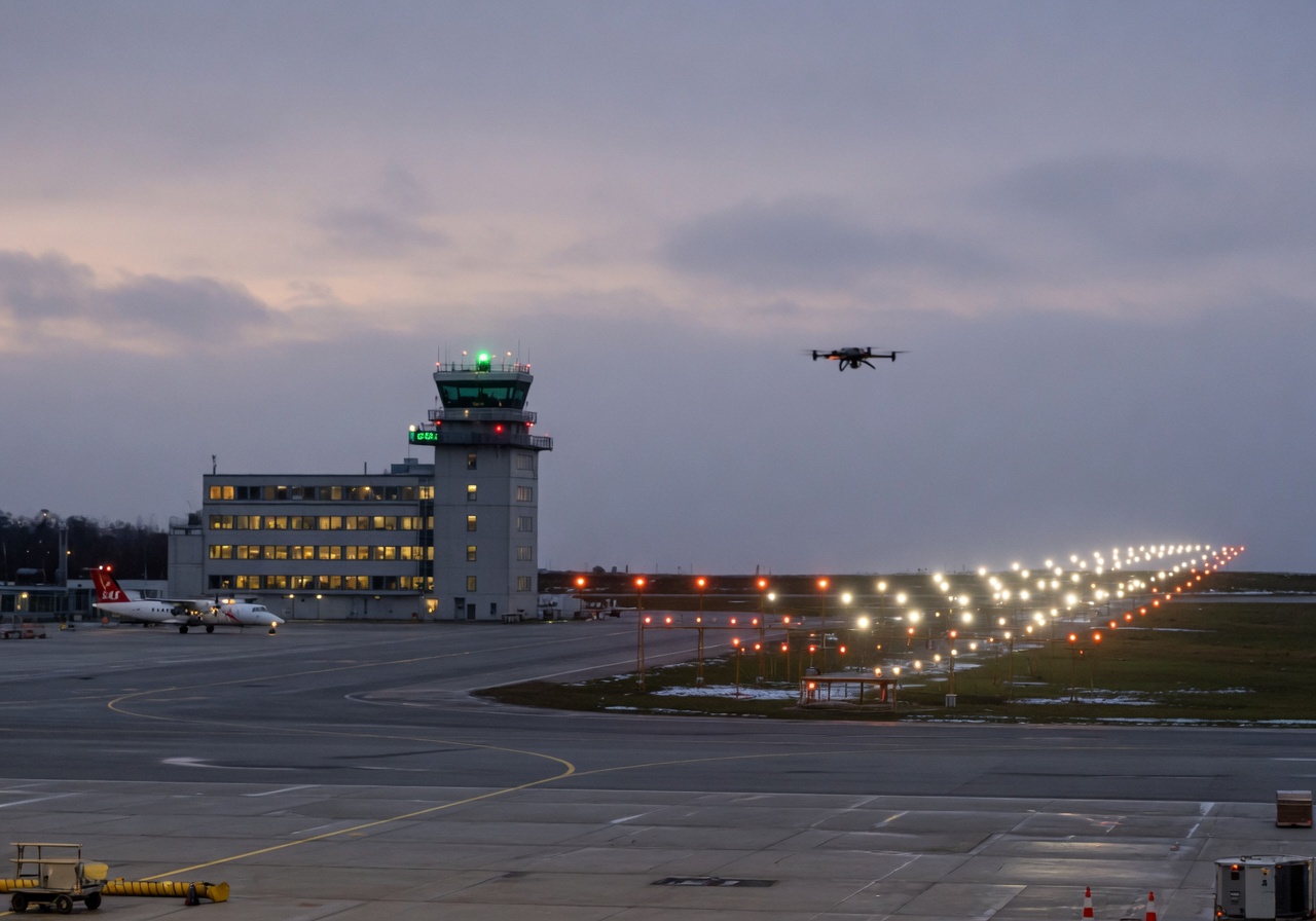 Norsk lufthavn i skumring med kontrolltårn og en liten drone i det fjerne (AI-generert illustrasjon)