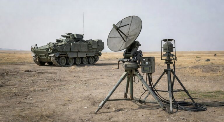 Stryker-panserkjøretøy på treningsområde i Litauen under militær droneøvelse.