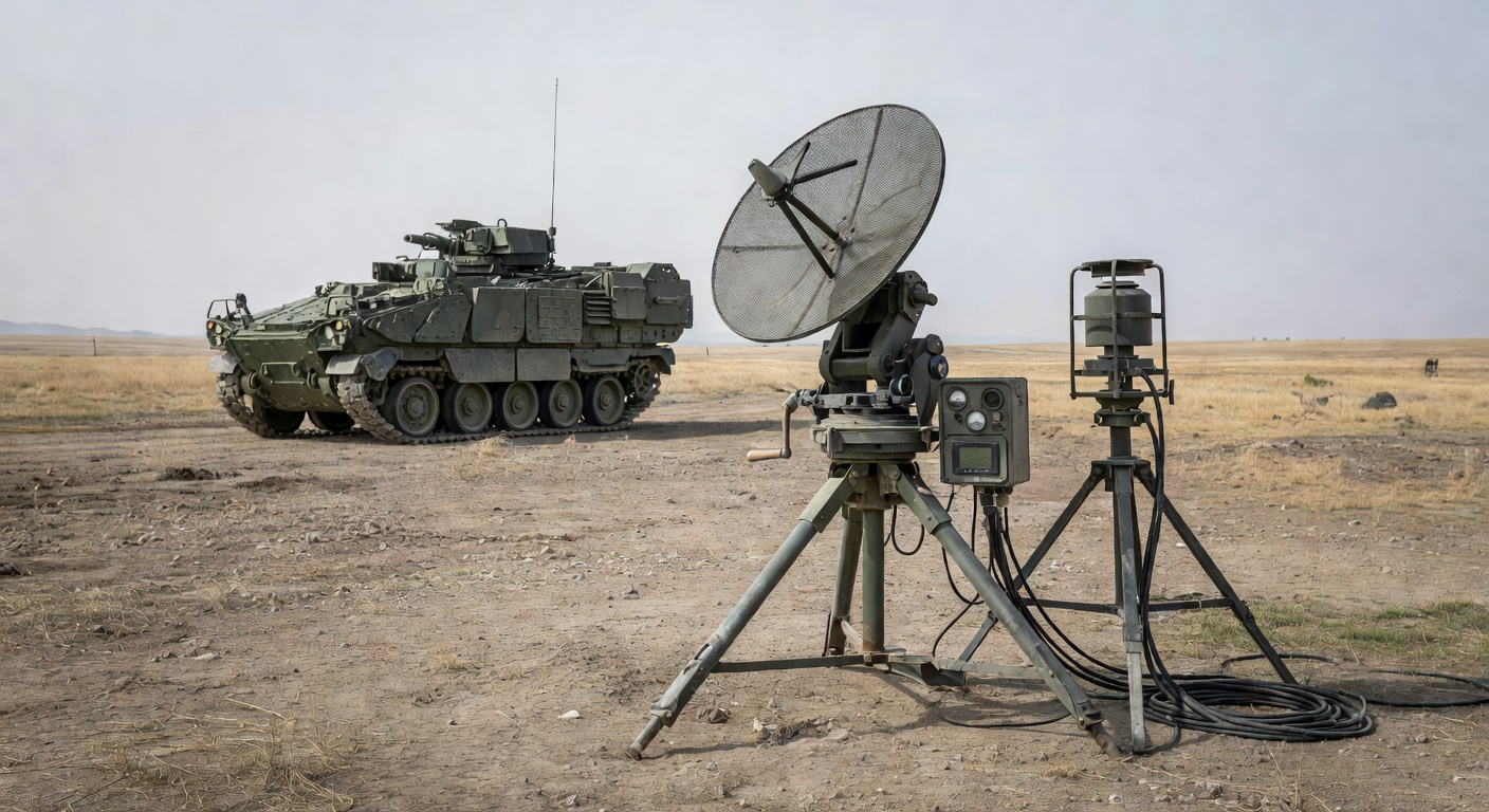 Stryker-panserkjøretøy på treningsområde i Litauen under militær droneøvelse.