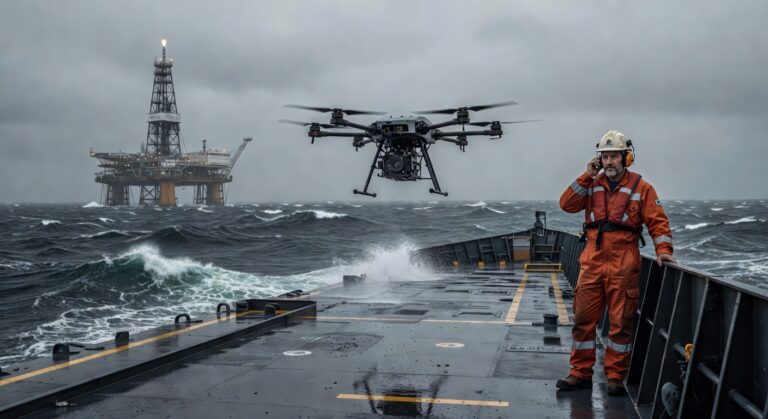 Drone lander på skipsdekk i bevegelse med bølger rundt. Maritim offshore-setting.