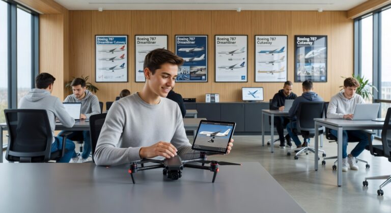 Student med drone og nettbrett foran whiteboard med droneillustrasjon i klasserom.