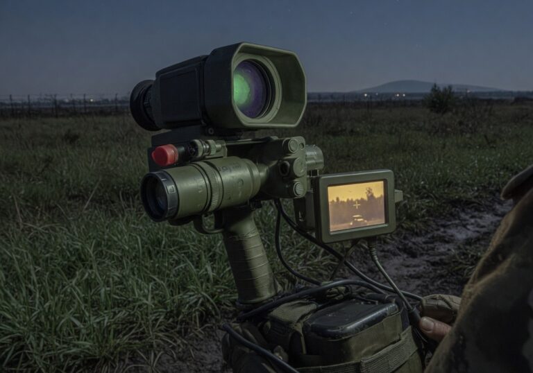 Håndholdt militært målsøkingssystem med termisk kamera og laserdesignator i feltmiljø.