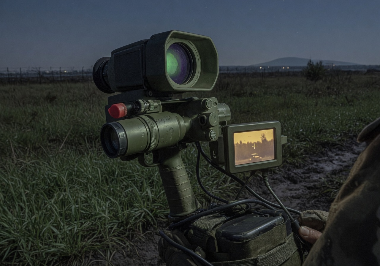 Håndholdt militært målsøkingssystem med termisk kamera og laserdesignator i feltmiljø.