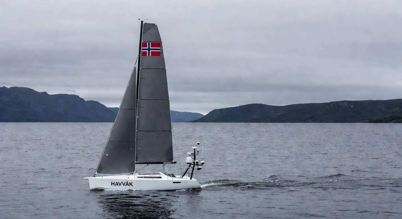Saildrone Voyager autonom overflatefartøy på åpent hav, med karakteristisk vertikalt seil.