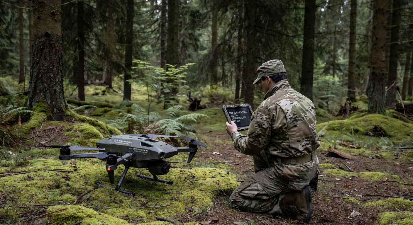 Soldat i feltuniform opererer liten quadkopter-drone under militærøvelse i skogsterreng.
