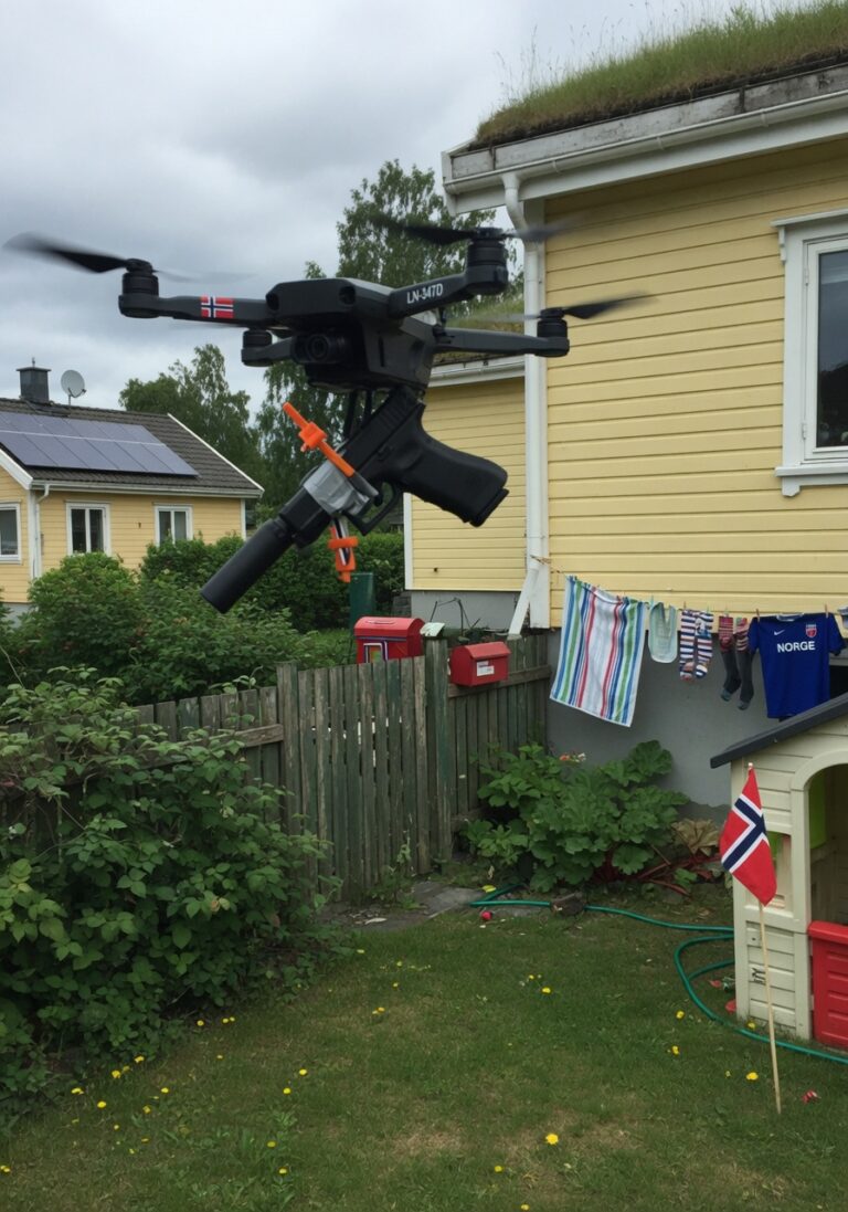 Quadcopter-drone med pistol festet til rammen, fotografert utendørs i en hage.