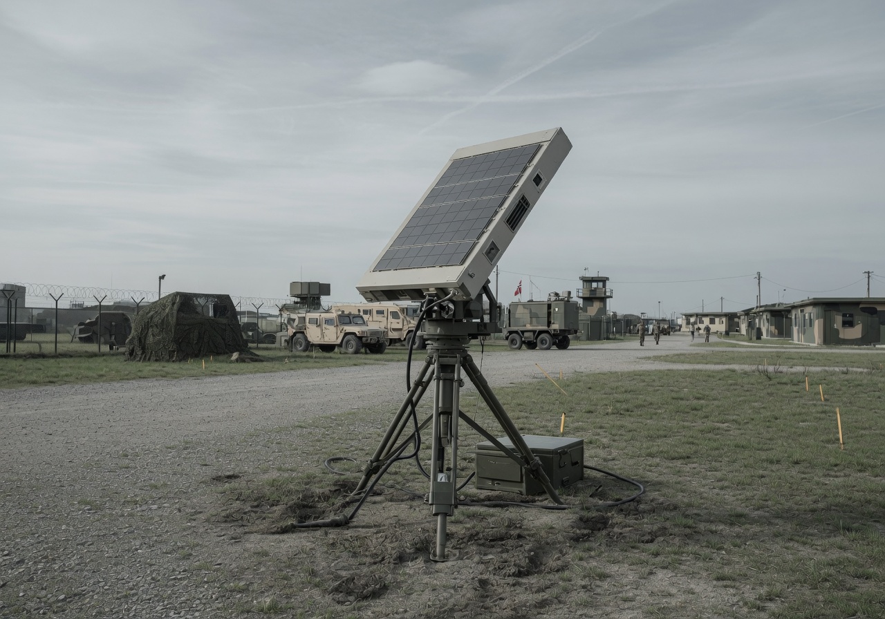 Militær radarsensor montert utendørs, rettet mot himmelen for dronedeteksjon.