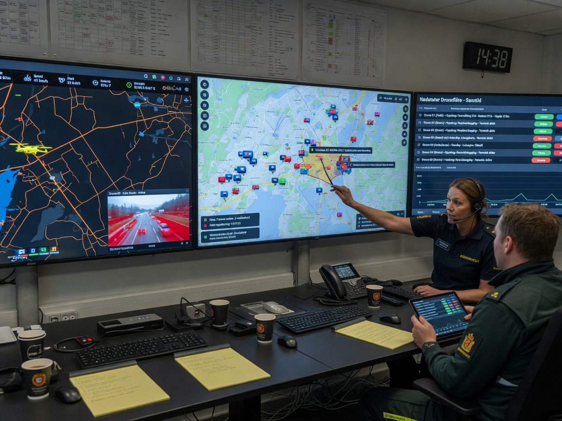 Operatørskjerm med sanntids telemetri og kart over droneoperasjon i en kommandosentral for nødetater