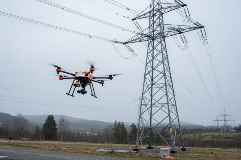 Inspeksjonsdrone svever ved høyspentmast over kraftlinjer i industrielt landskap.