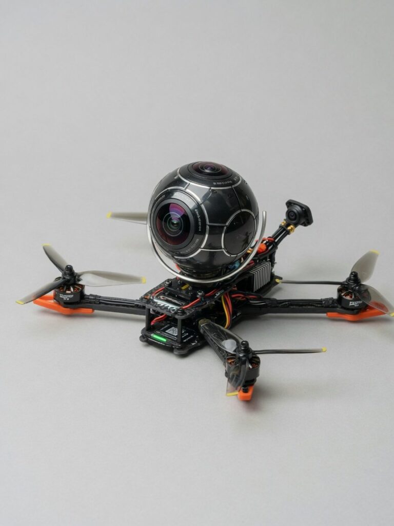 Antigravity A1 8K 360-drone svevende mot nøytral bakgrunn med synlig 360-graders kamera
