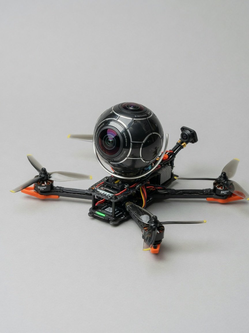 Antigravity A1 8K 360-drone svevende mot nøytral bakgrunn med synlig 360-graders kamera