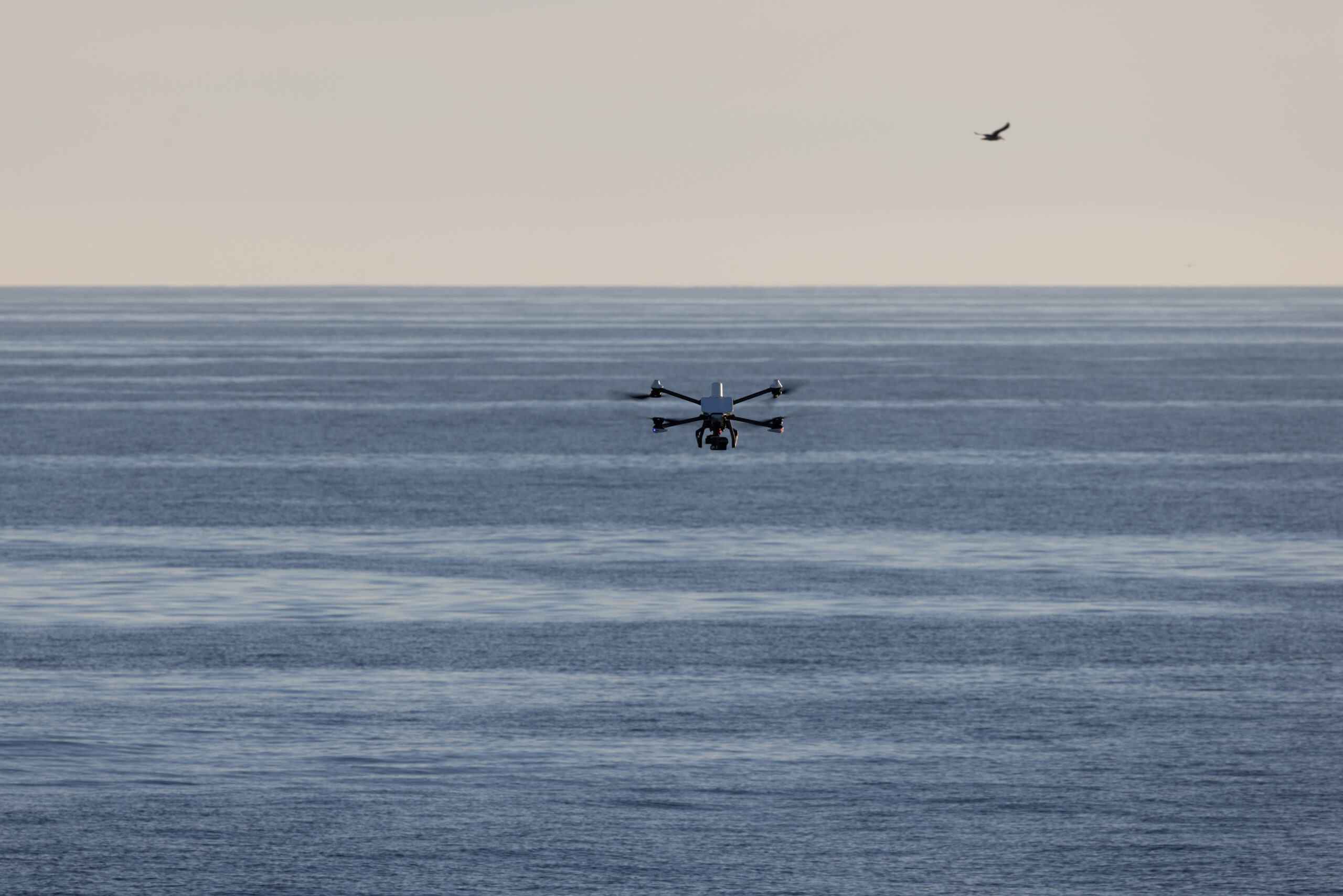 Termisk drone for nødetater i luften over skoglandskap, med kartleggingsutstyr synlig under dronen.