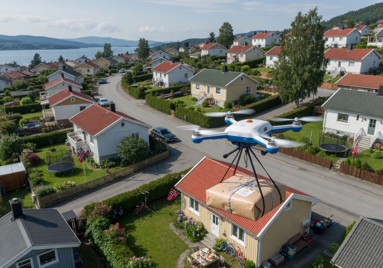 Illustrasjon: leveringsdrone med matpakke over et norsk boligstrok.