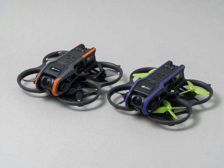 DJI Avata 360 og DJI Avata 2 FPV-droner side om side mot nøytral bakgrunn