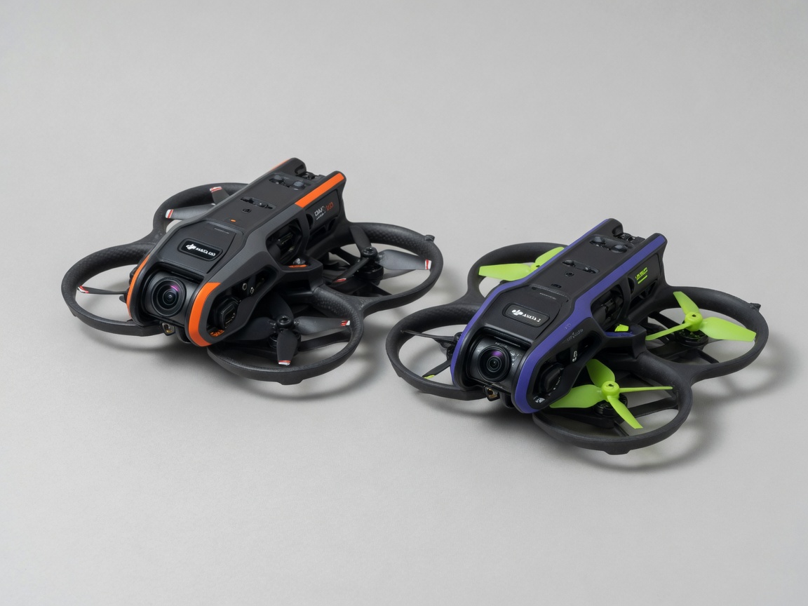 DJI Avata 360 og DJI Avata 2 FPV-droner side om side mot nøytral bakgrunn