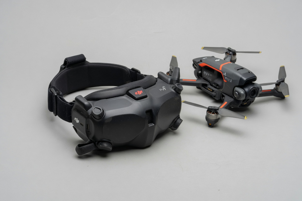 DJI FPV-briller plassert ved siden av en sammenleggbar drone på et nøytralt underlag