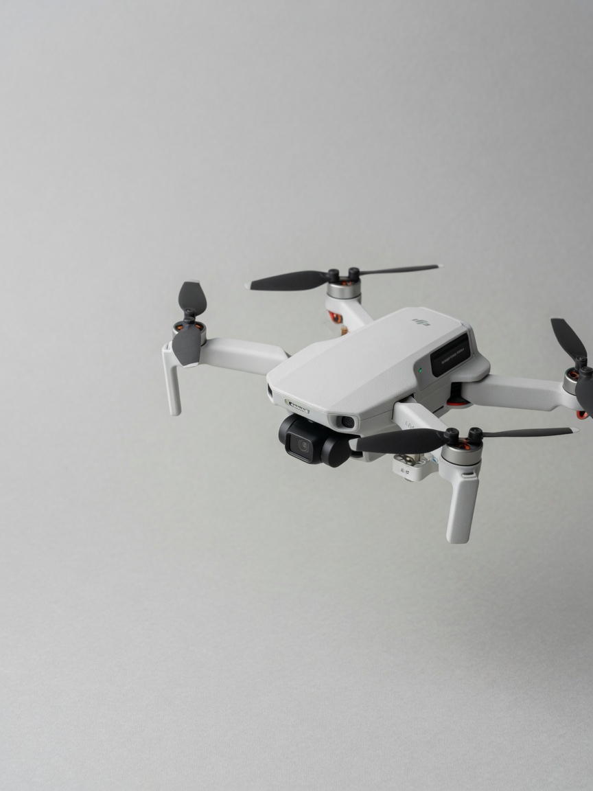 Liten hvit DJI-drone i luften med propellene i bevegelse mot nøytral bakgrunn.