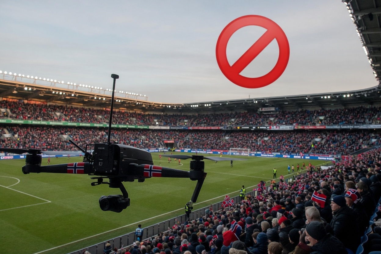 Fotballstadion sett fra luften med synlig flygeforbudssone markert i luftrommet over arenaen.