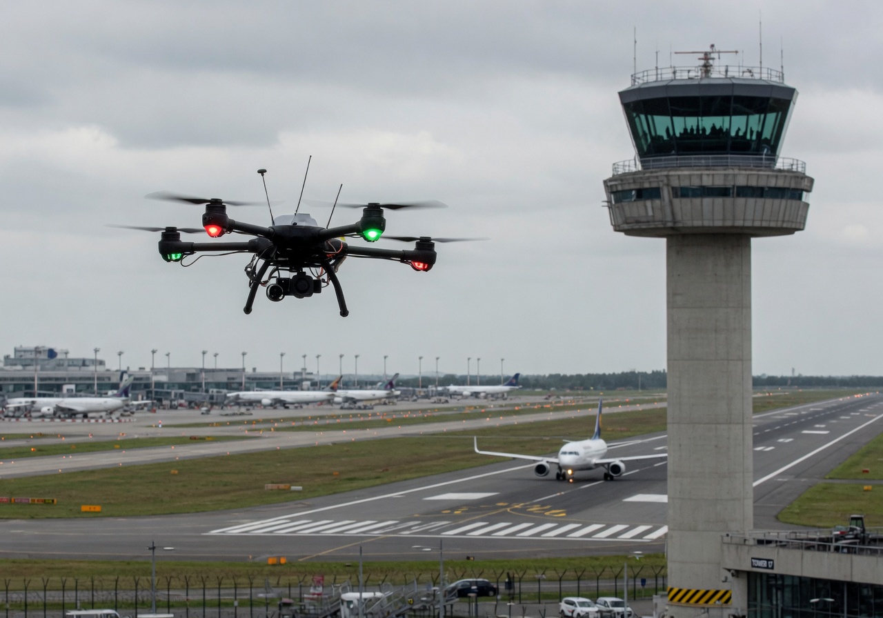 Illustrasjon: drone i luften nær en lufthavn med kontrolltårn.