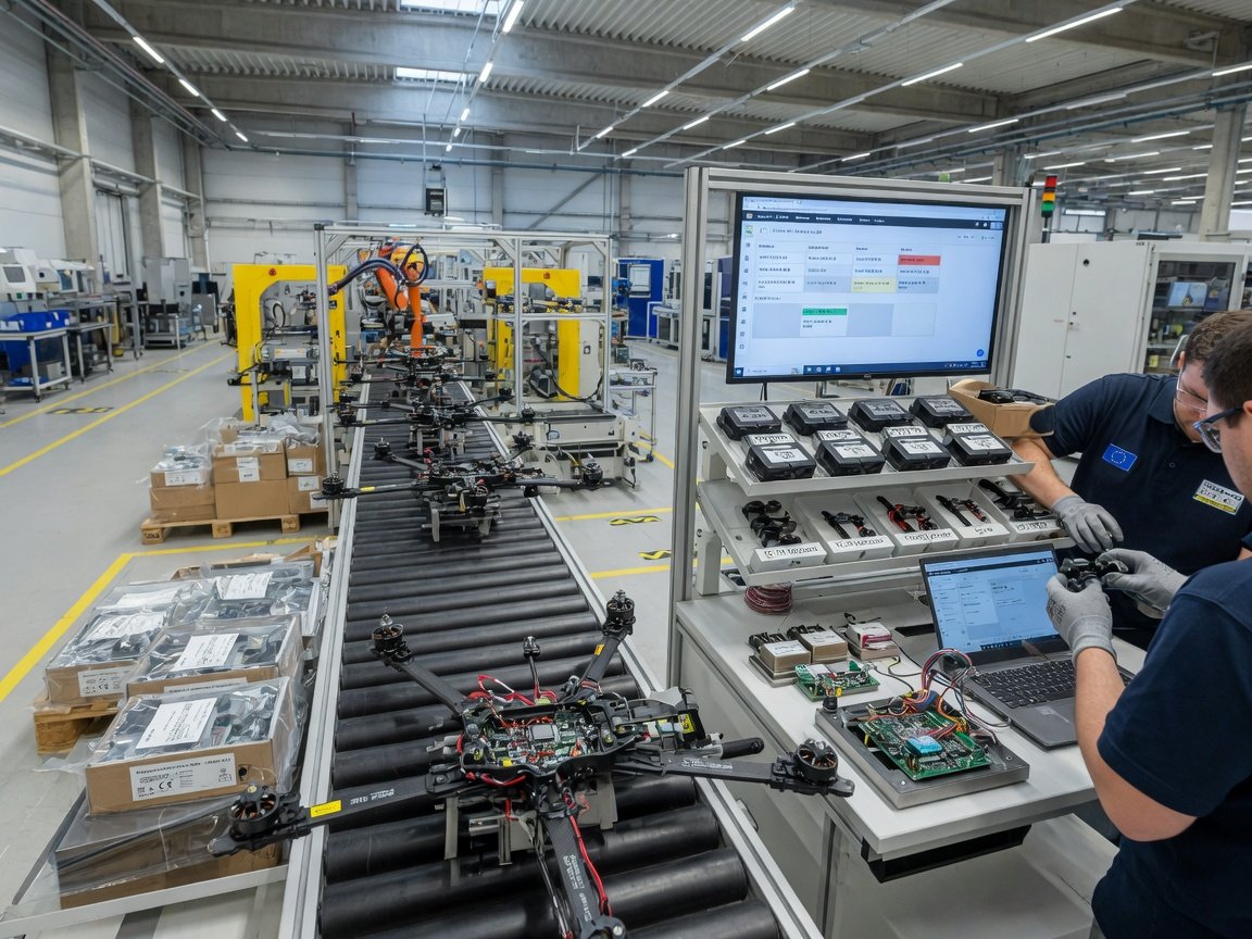 Motdrone-system på en industriell produksjonslinje i en fabrikkhall i Europa.