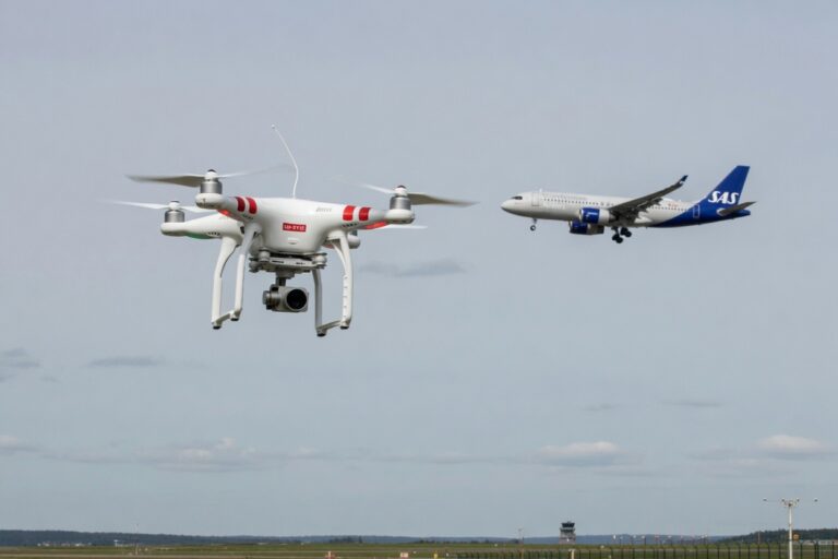 Drone i kontrollert luftrom med bemannet fly i bakgrunnen, illustrasjon av luftromsintegrasjon