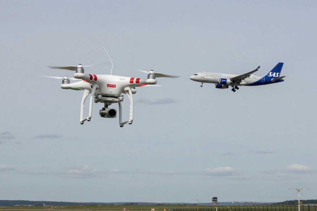 Drone i kontrollert luftrom med bemannet fly i bakgrunnen, illustrasjon av luftromsintegrasjon