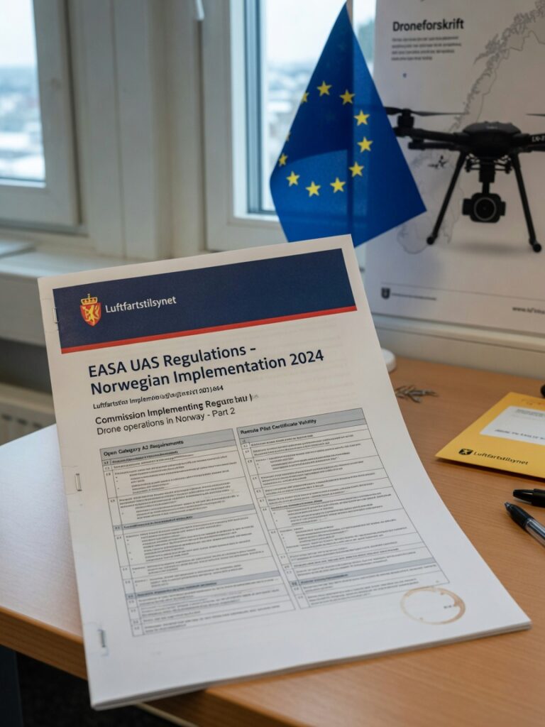 Dokument med europeiske droneregler på skrivebord, med EASA-logo synlig i bakgrunnen.