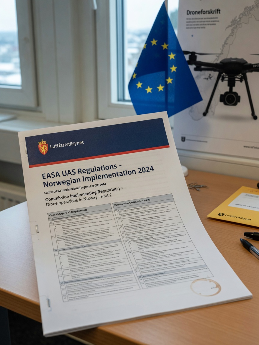 Dokument med europeiske droneregler på skrivebord, med EASA-logo synlig i bakgrunnen.