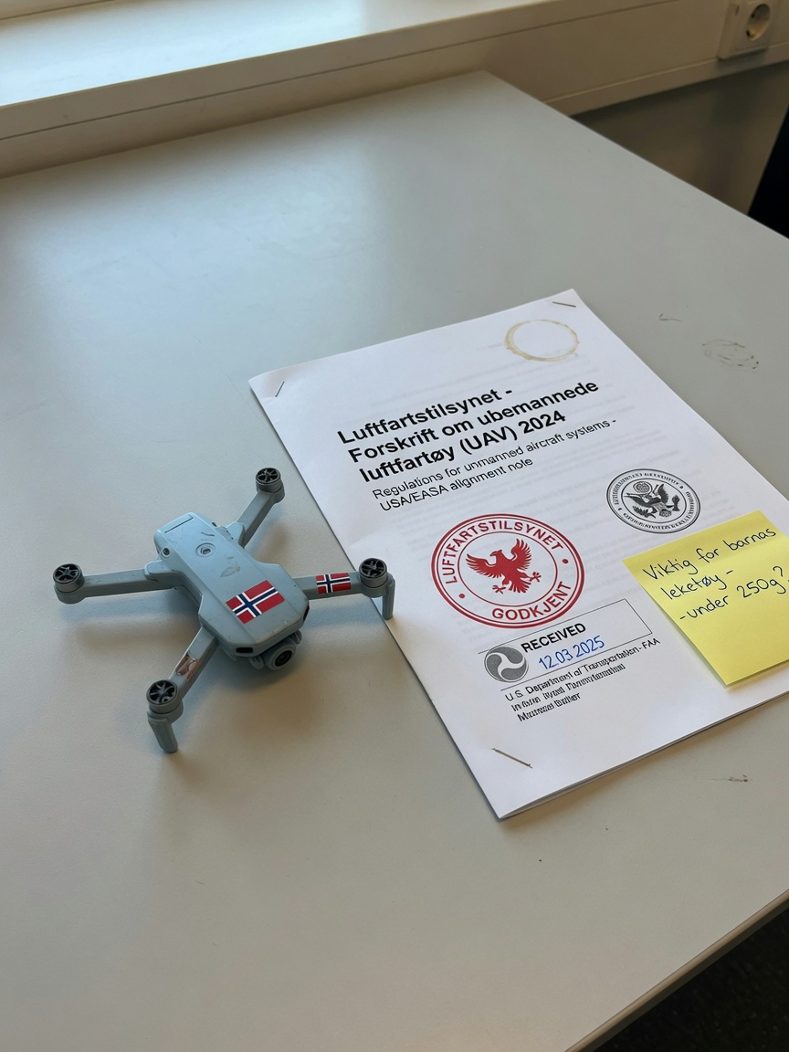 Liten leketøysdrone på nøytral bakgrunn ved siden av et amerikansk regelverksdokument.