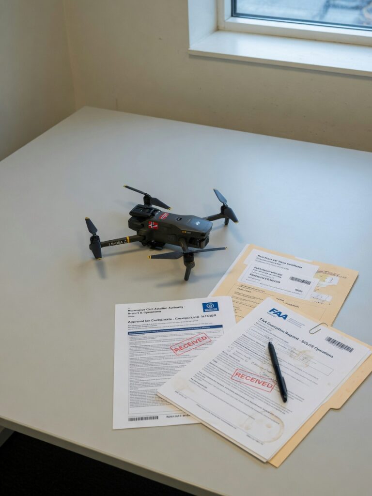 Nærbilde av en liten drone mot hvit bakgrunn, med FCC-logo synlig på skjerm i bakgrunnen.