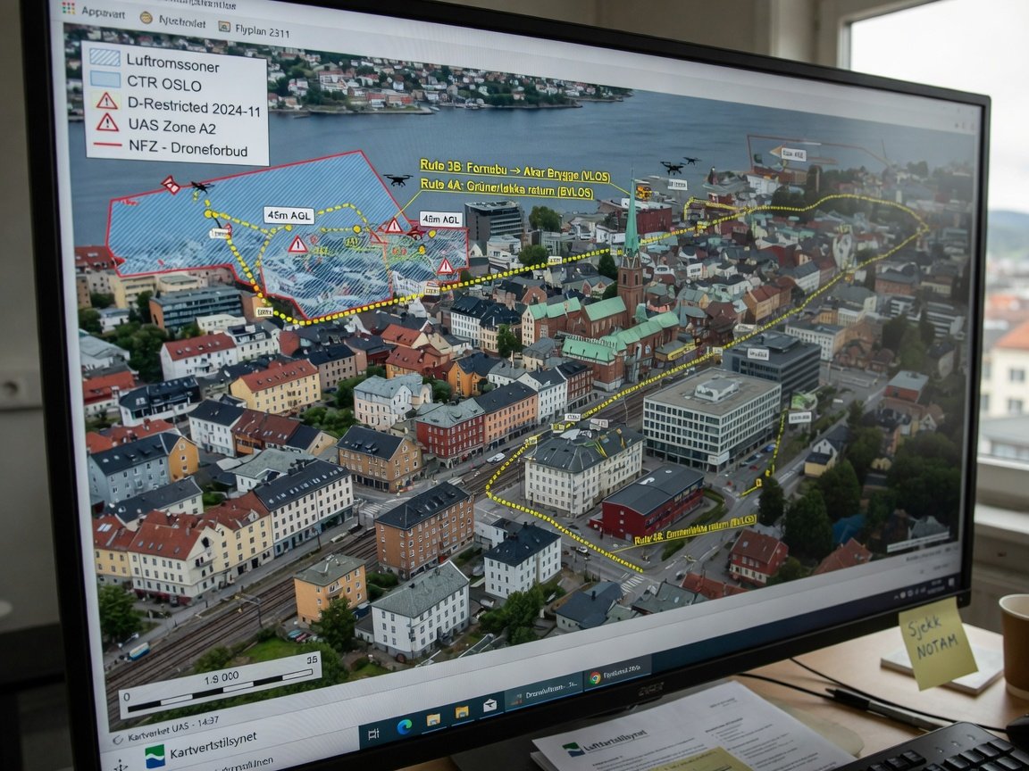 Digital kartvisning av luftrom med flere droneruter og trafikkstyringssoner over et bylandskap