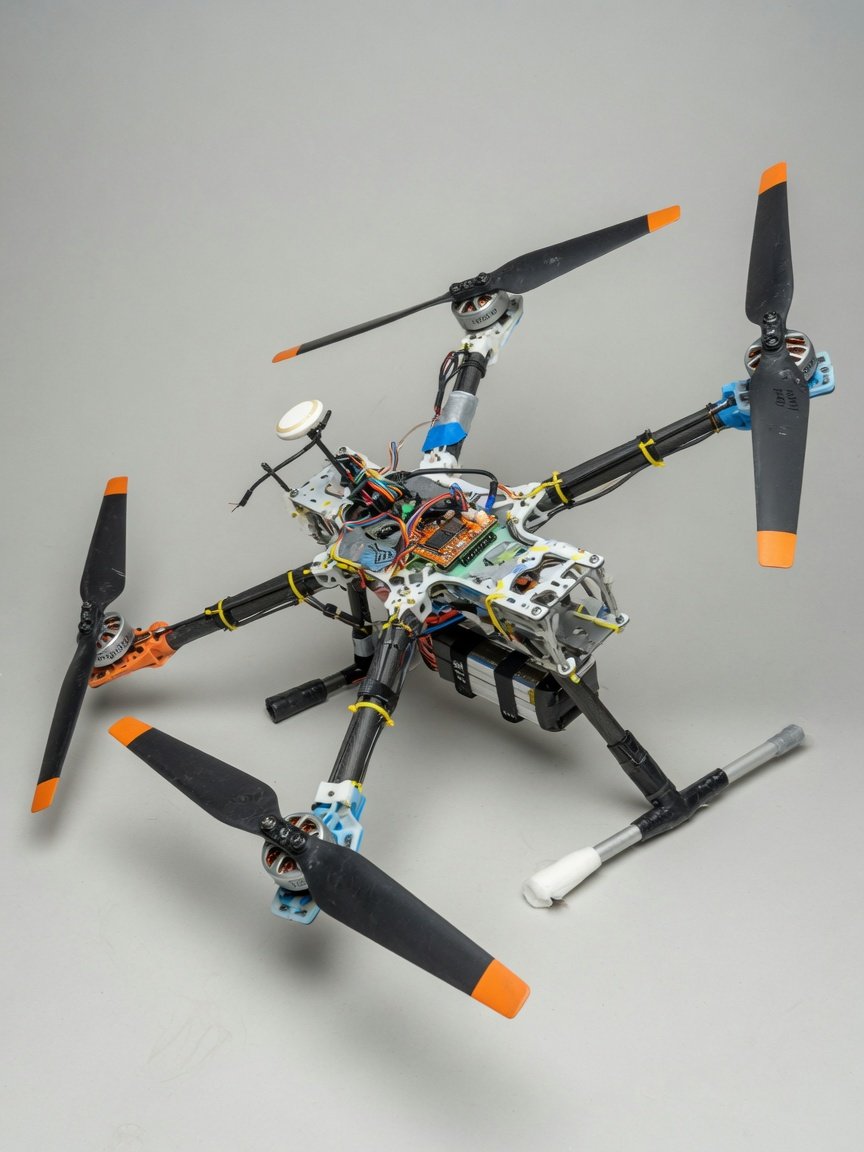 Stor hjemmebygd quadcopter-drone med fire lange propeller i flukt mot lys himmel.