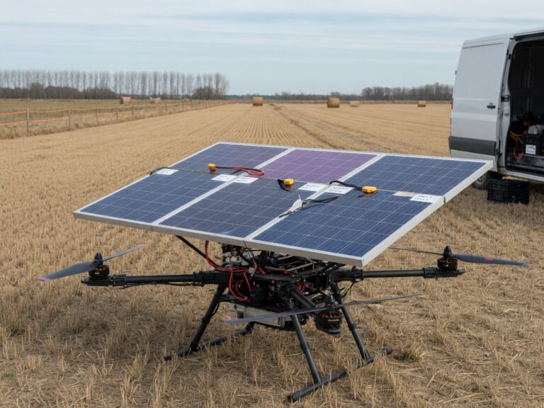 Hjemmebygd soldrevet quadcopter med store solcellepaneler montert over rammen, fotografert på et jorde.