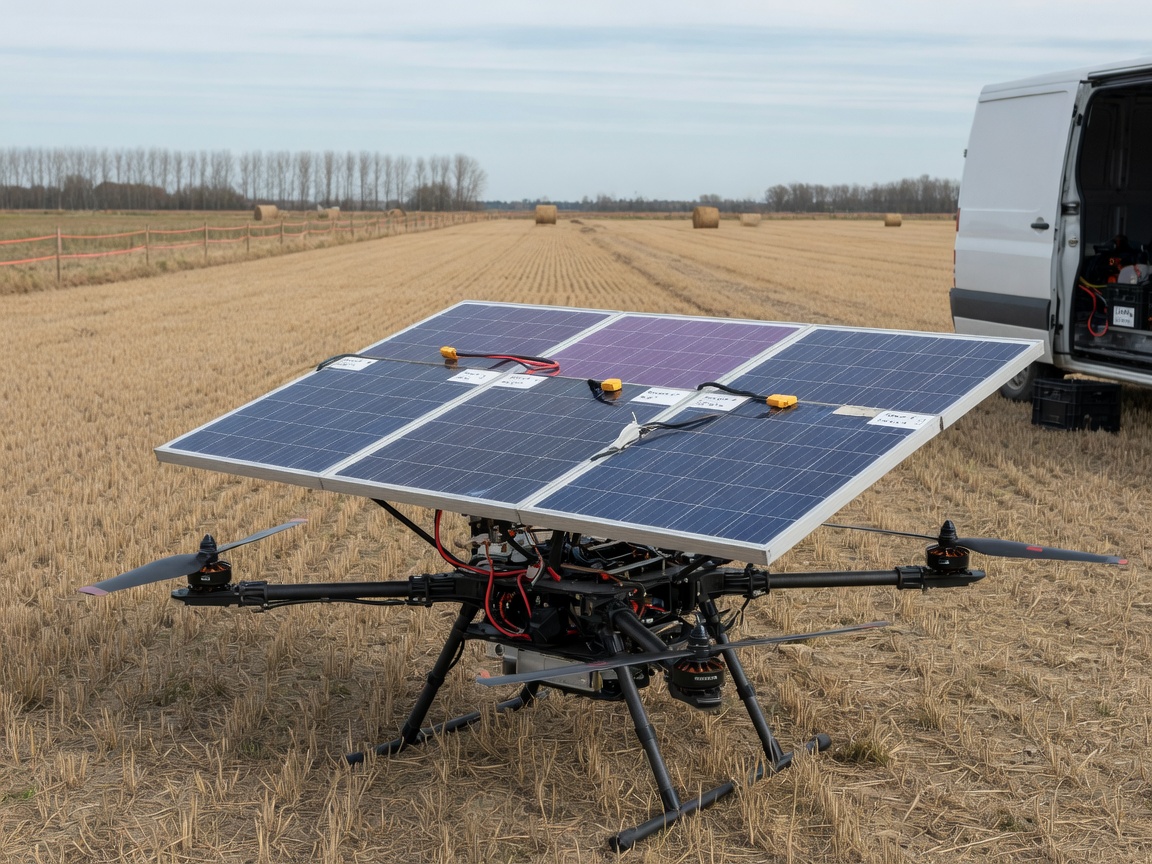 Hjemmebygd soldrevet quadcopter med store solcellepaneler montert over rammen, fotografert på et jorde.