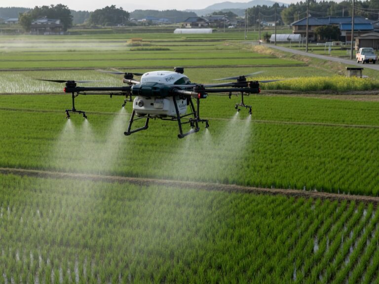 Hvit landbruksdrone med sprøytetanker svever over en grønn rismark i Japan.