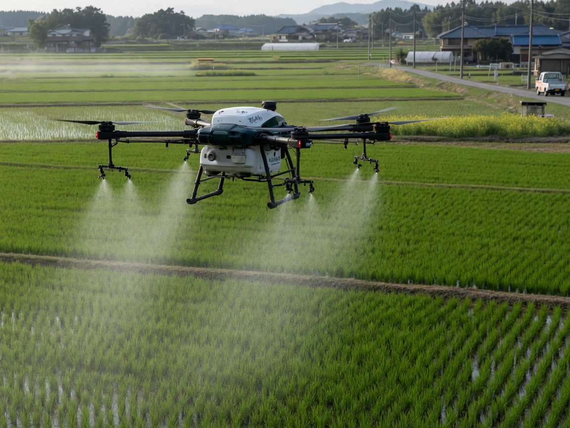 Hvit landbruksdrone med sprøytetanker svever over en grønn rismark i Japan.
